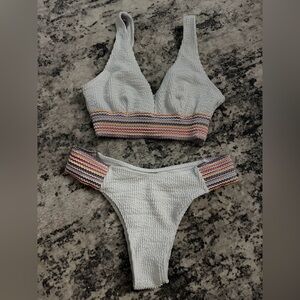 Textured White Bikini Set with Multicolor Stripe Trim